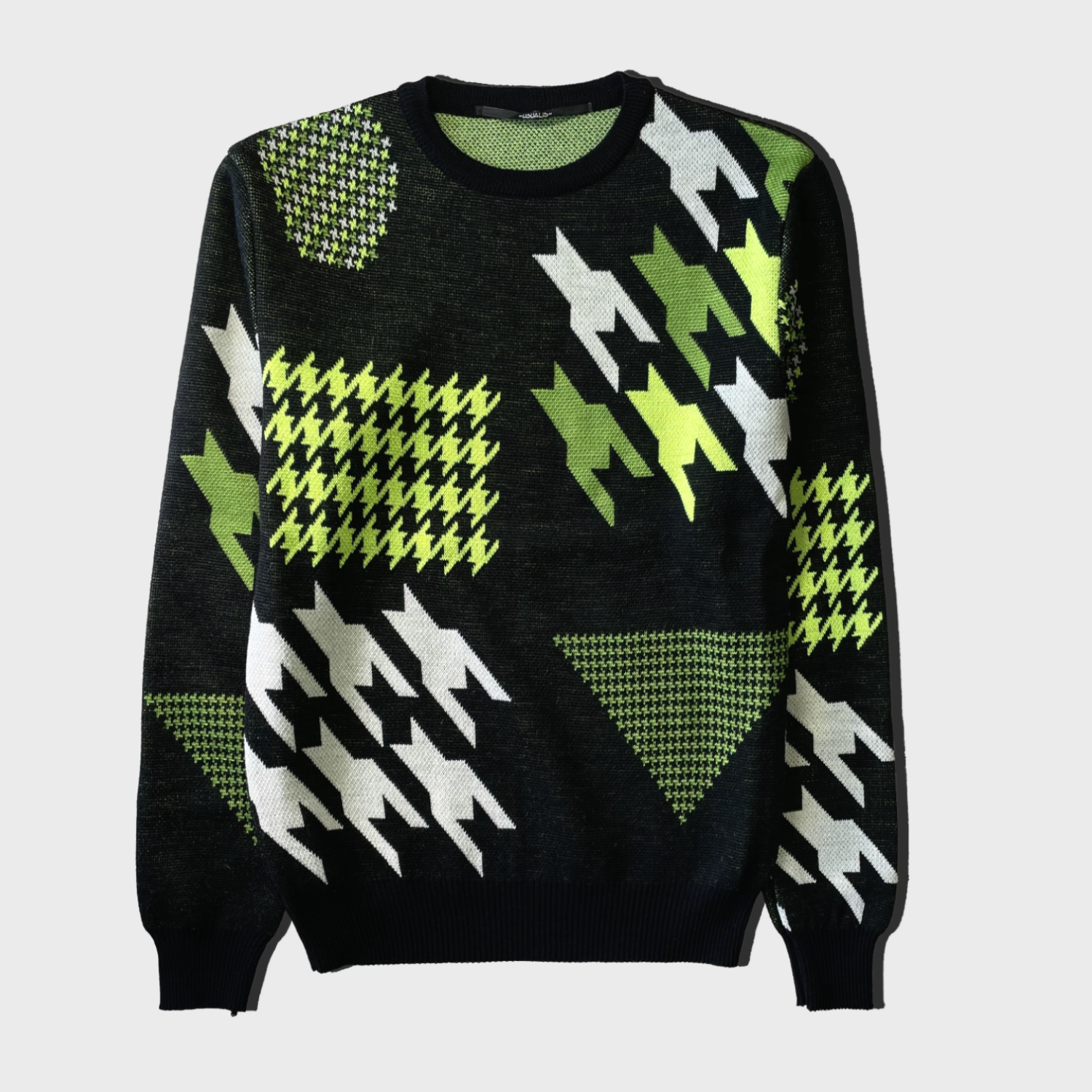 USUALIS Crew Neck Knit (Houndstooth Green) [SLIM FIT]画像1